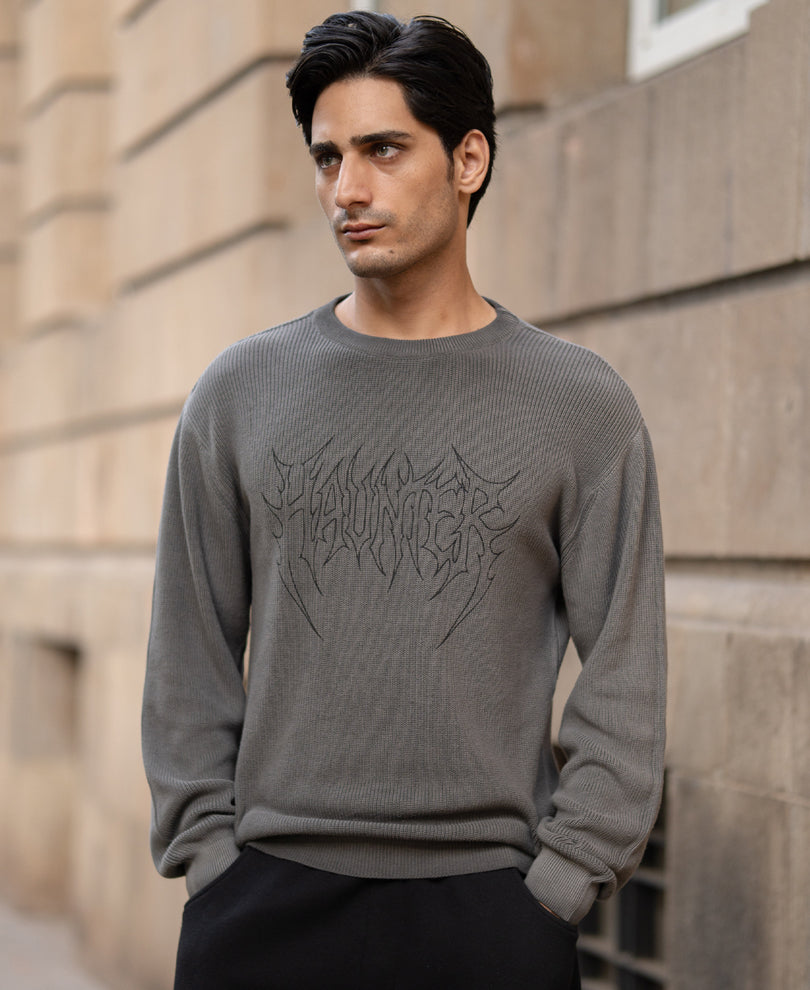 Grey Washed Printed Knit Jumper 100% Cotton