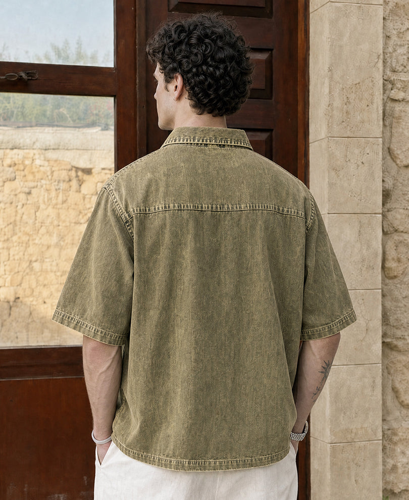 Sage Green Zipper Denim Shirt