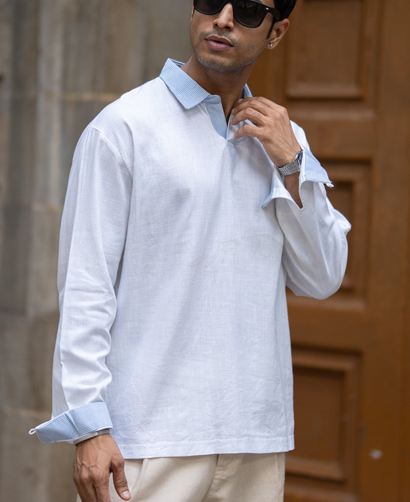 White Contrast Collar Kurta Shirt.
