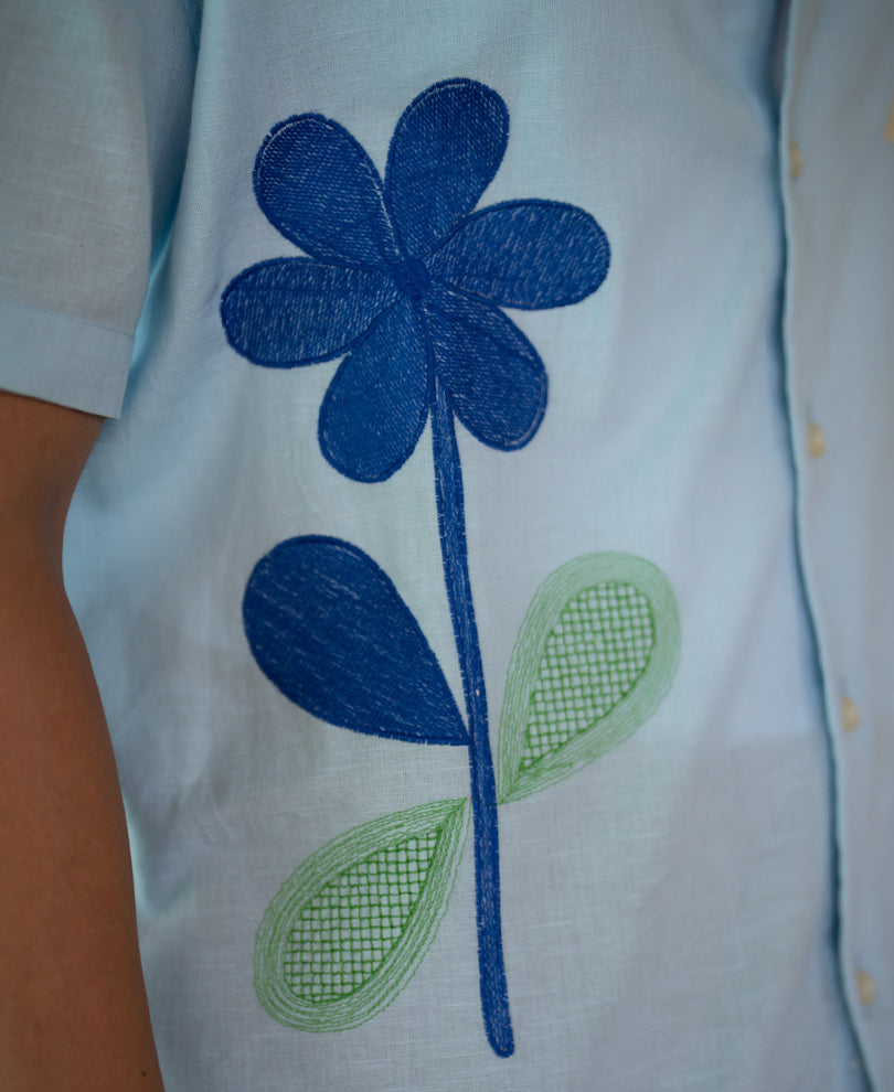 Blue Floral Embroidery Shirt 100% Cotton