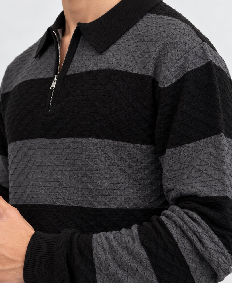 Grey & Black Knitted Stripe T-Shirt 100% Cotton