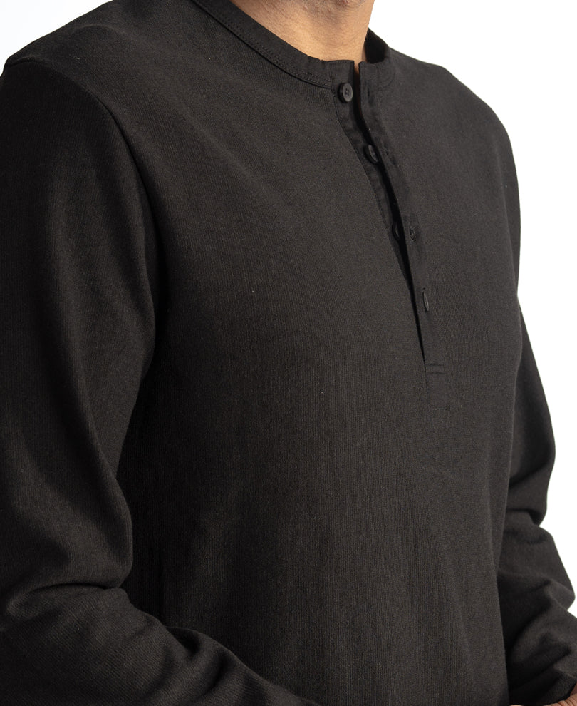 Black Henley Neck Knit T-Shirt