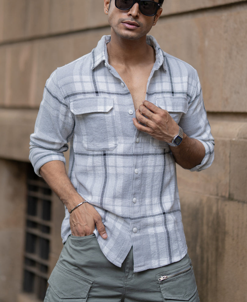 Light Grey Structured Checks Shacket Oversize Drop Shoulder Shirt.