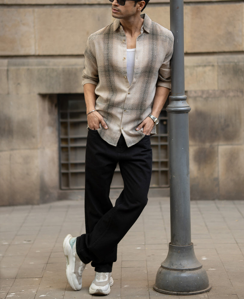 Beige Structured Checked Shirt.