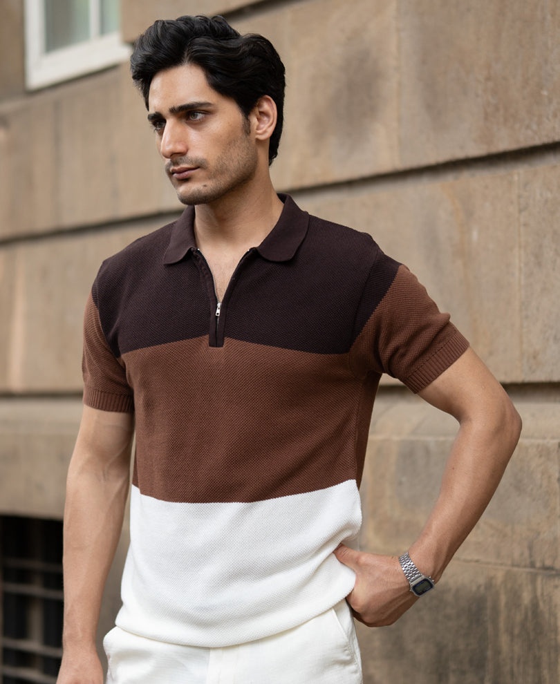Brown & Beige Stripe Knit T-Shirt.