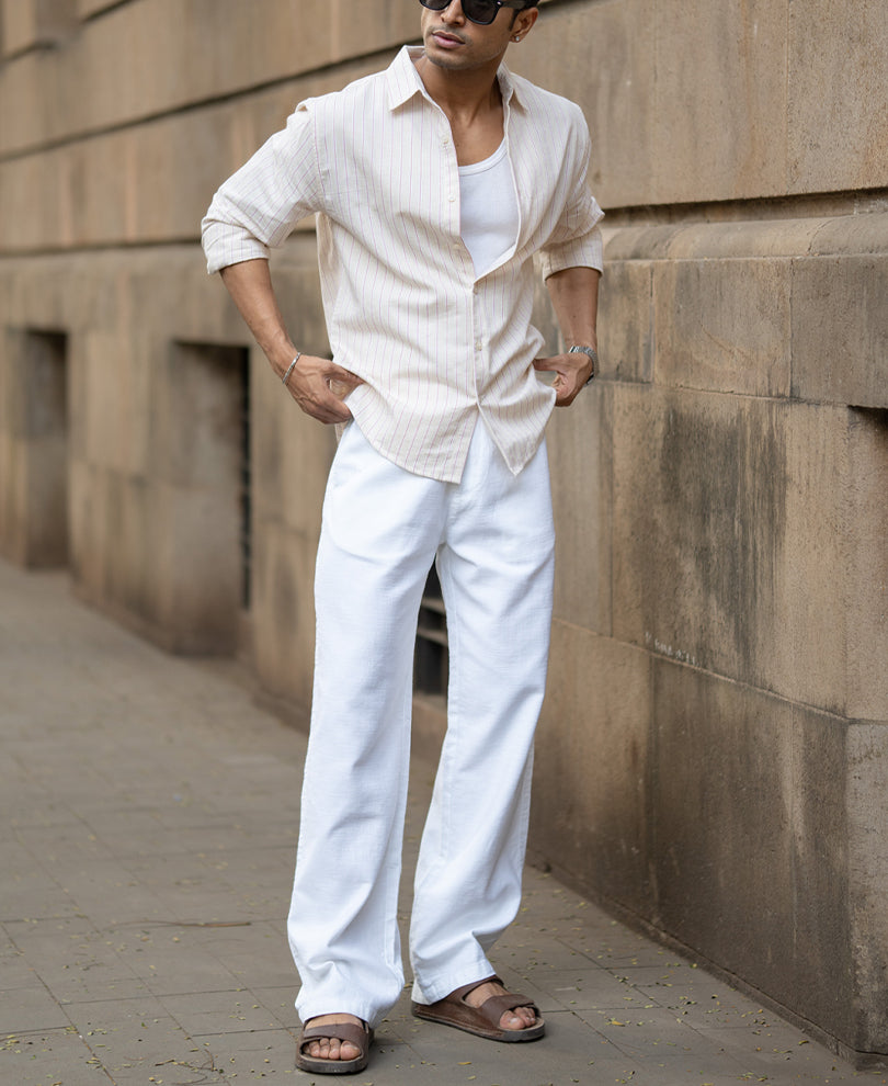 Peach & Beige Linen Stripe Shirt.