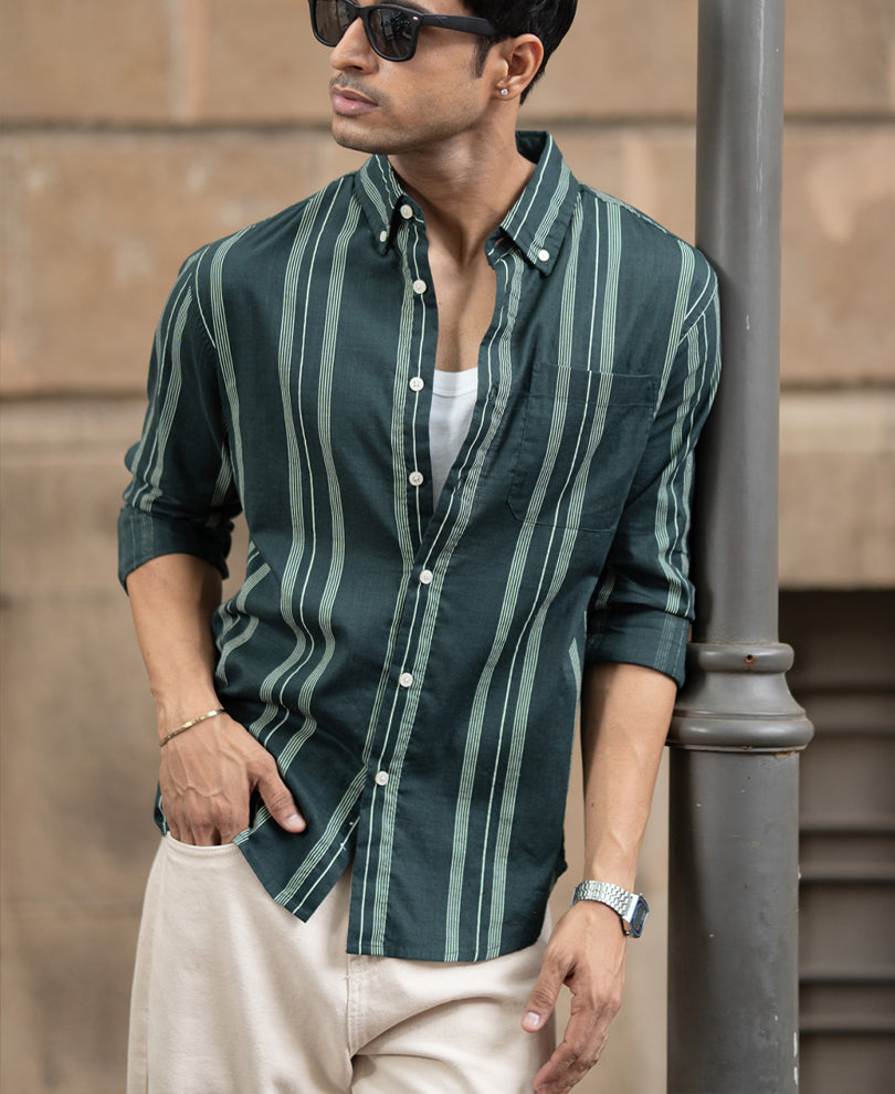 Dark Green Stripped Button Down Shirt.
