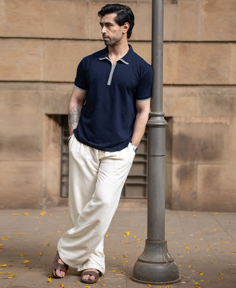 Navy Structured Knit Polo T-Shirt