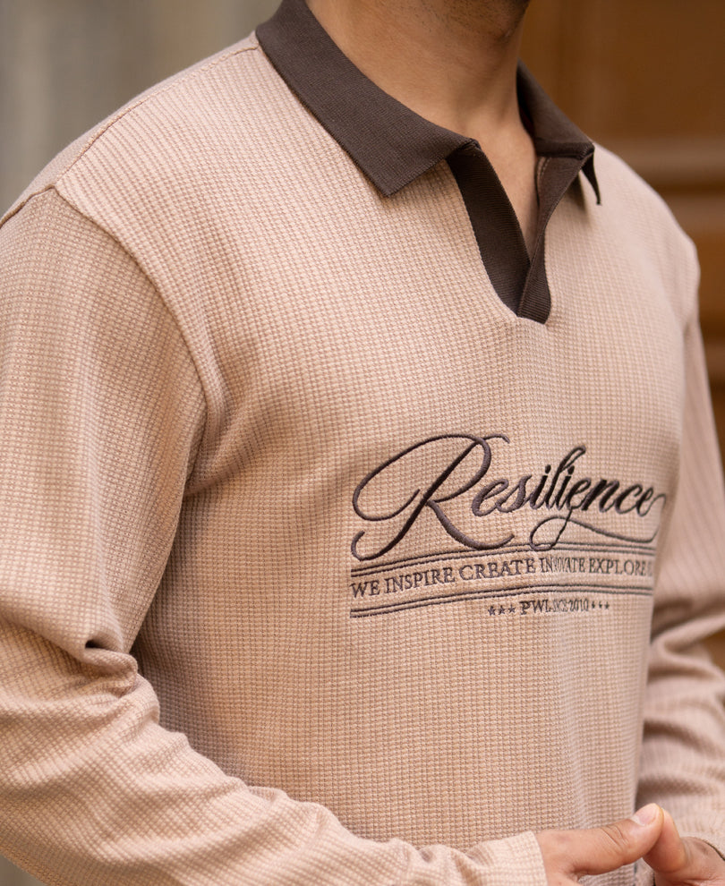 Dark Beige Contrast Embroidery T-Shirt