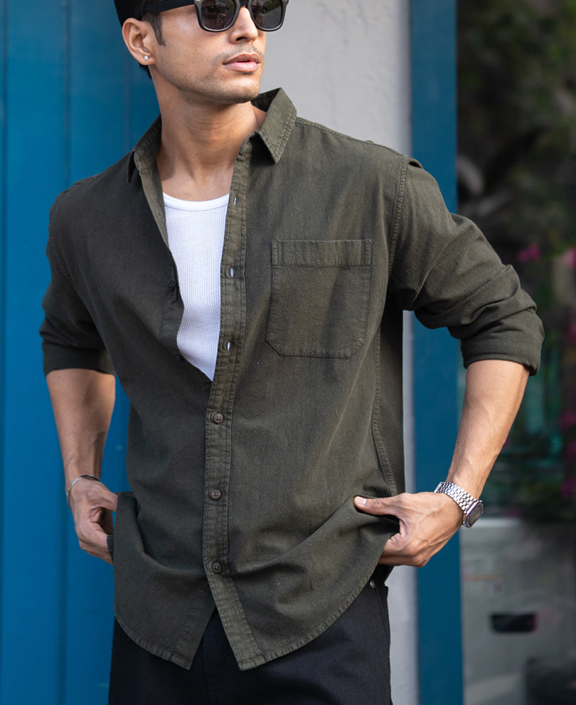 Dark Olive Washed Denim Shirt.