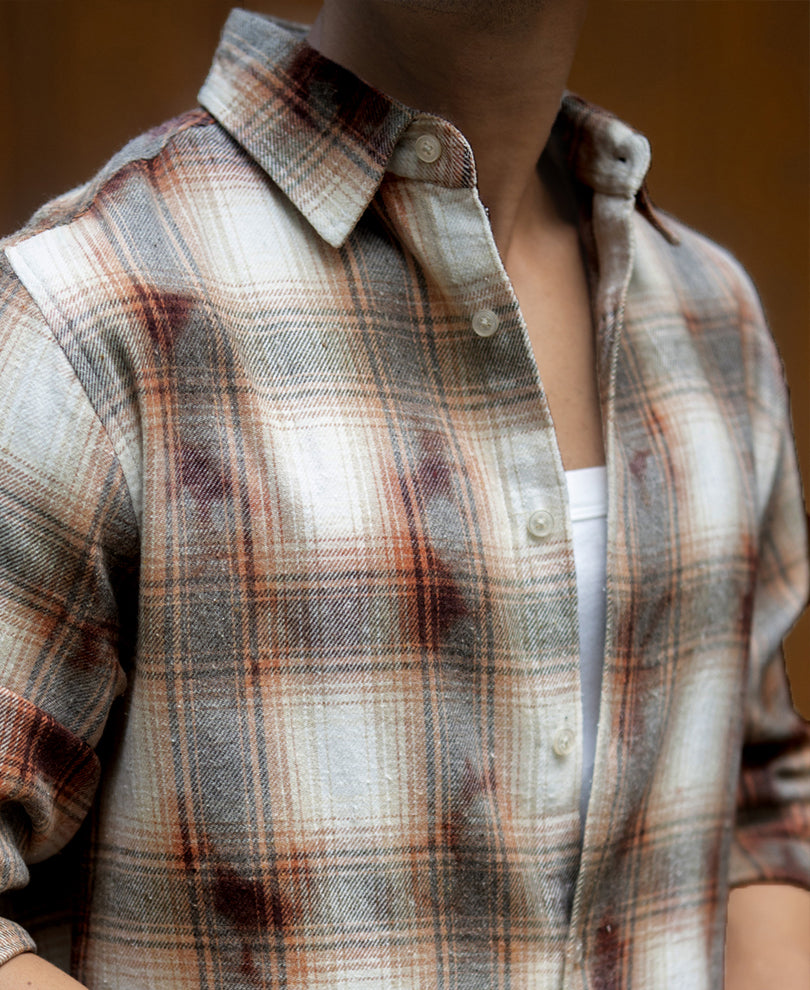 Beige Washed Checks Shirt.