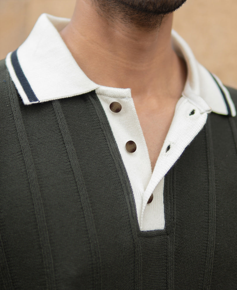 Olive Contrast Collar Knit T-Shirt.