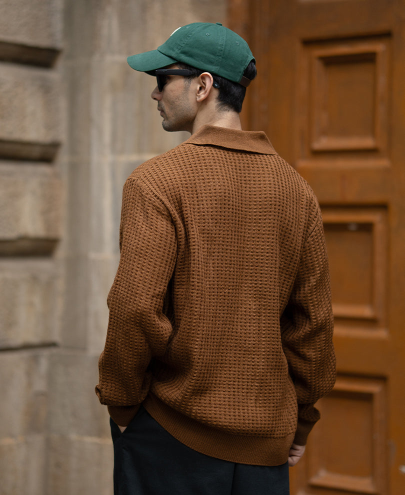 Tan Brown Structured Polo Sweater