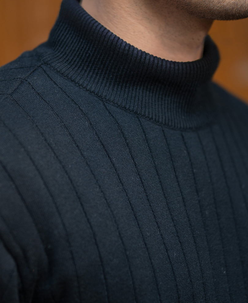 Black Structure Stripe High Neck T-Shirt.