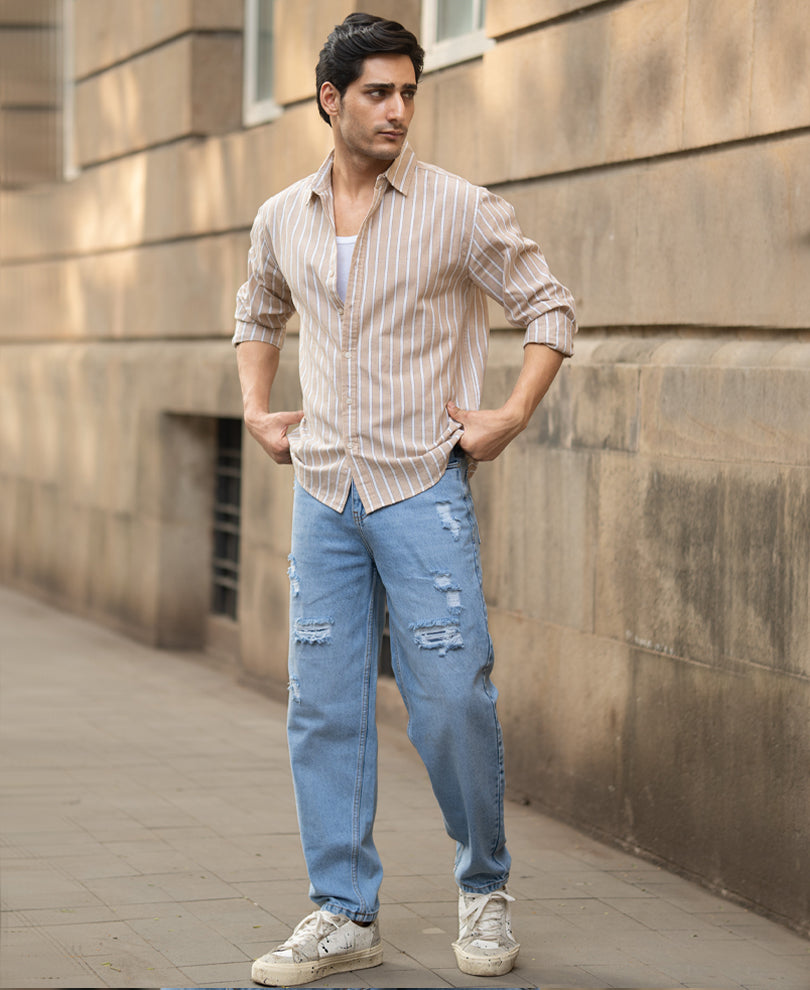 Tan Cottom Stripe Shirt.
