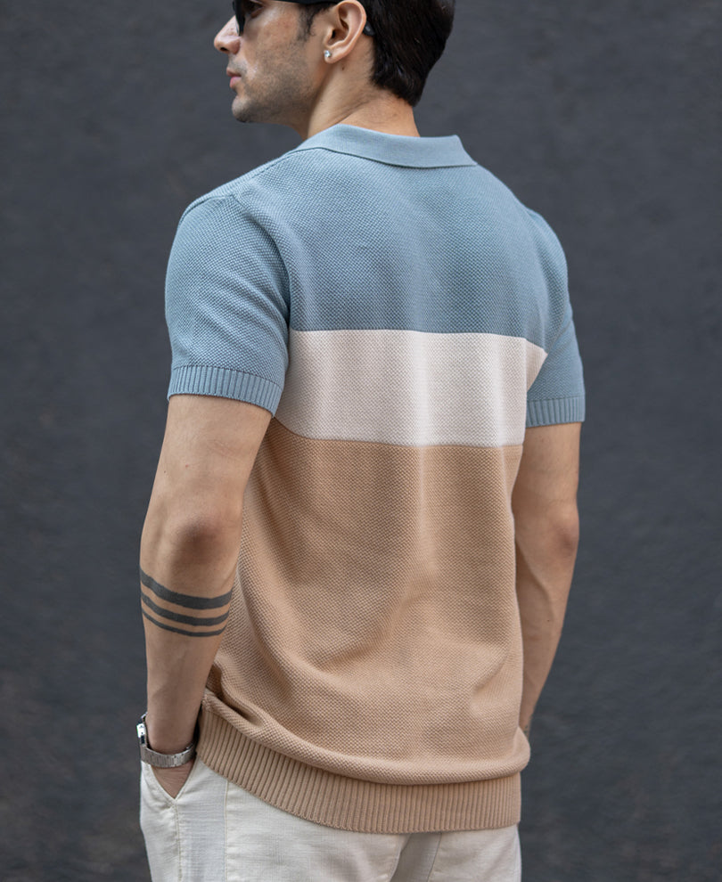 Blue & Beige Stripe Knit T-Shirt.