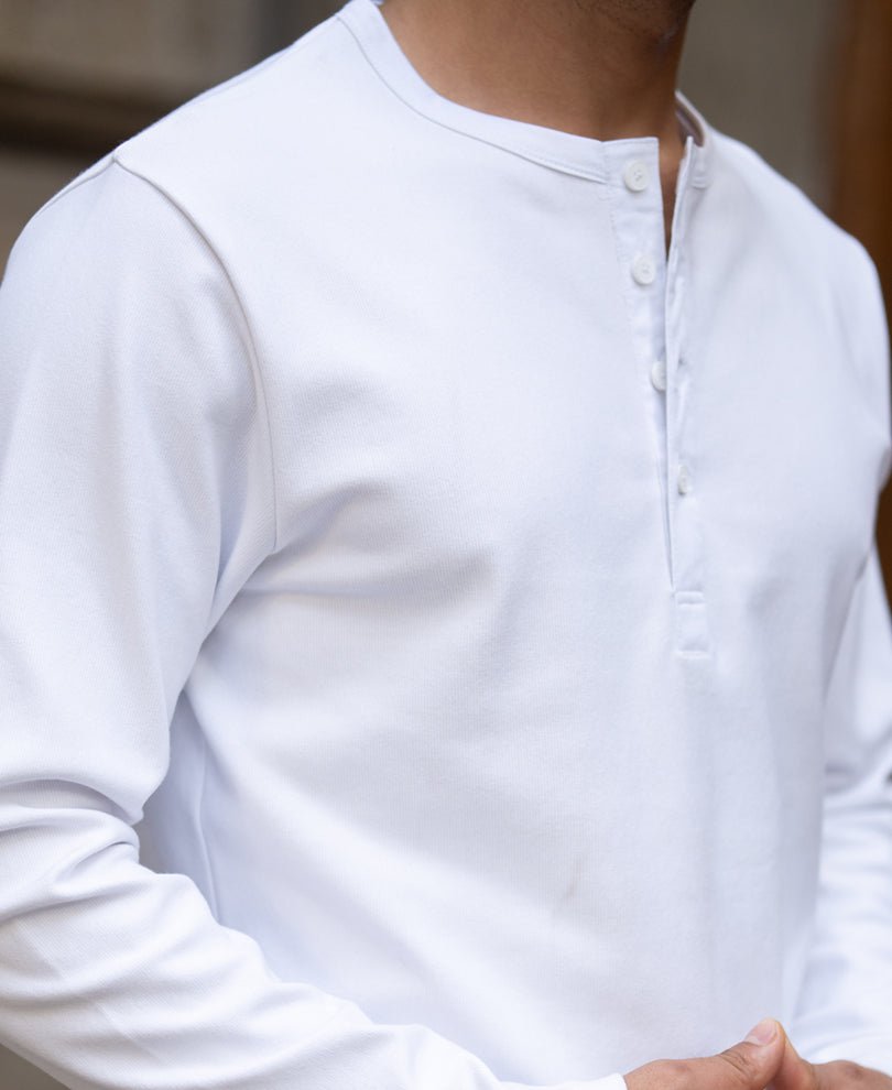 White Rib Knit Henley T-Shirt