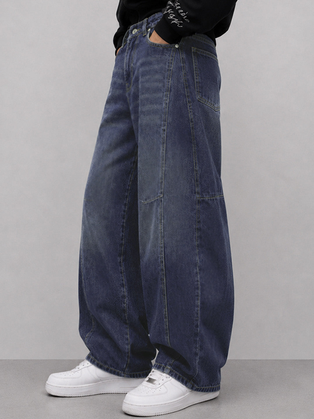 Blue Panelled Barrel Fit Jeans