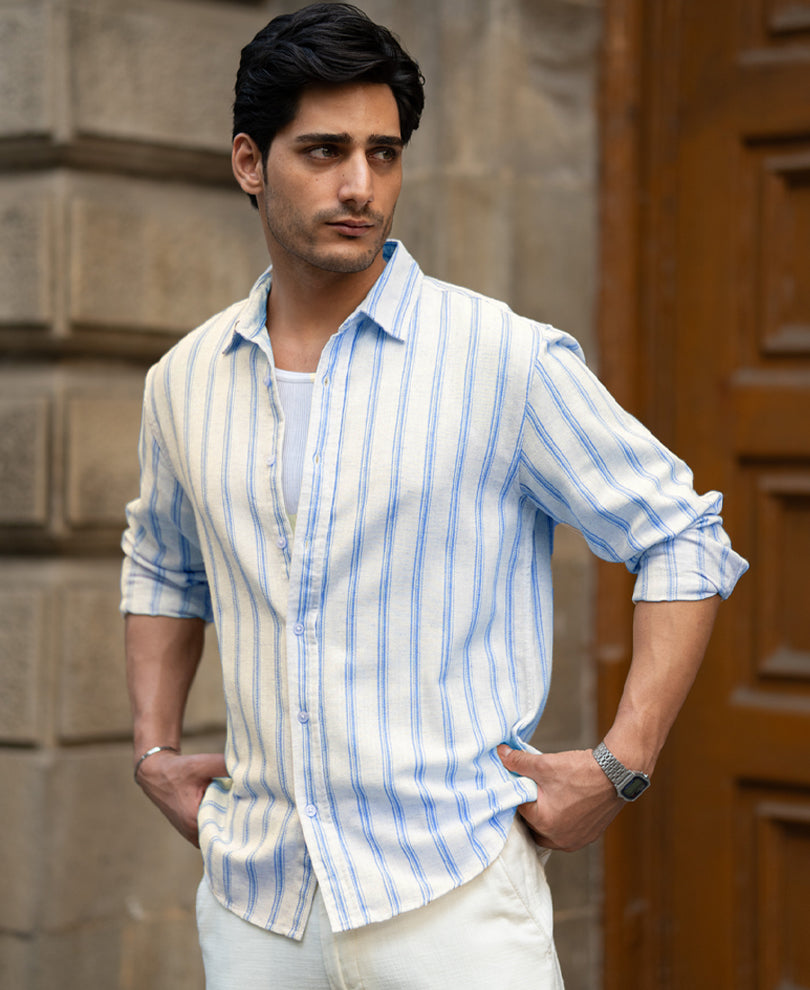 Natural & Blue Broad Stripe Shirt.