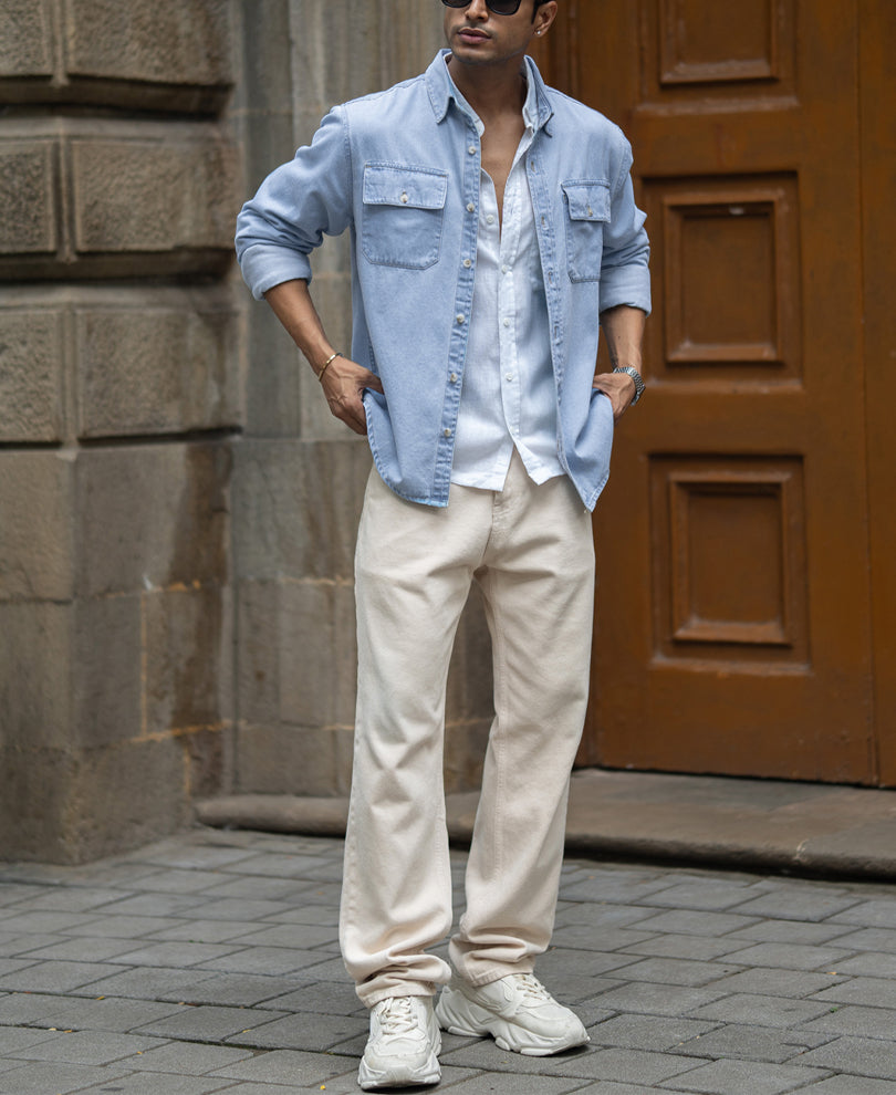 Blue Washed Denim Double Pocket Shirt.