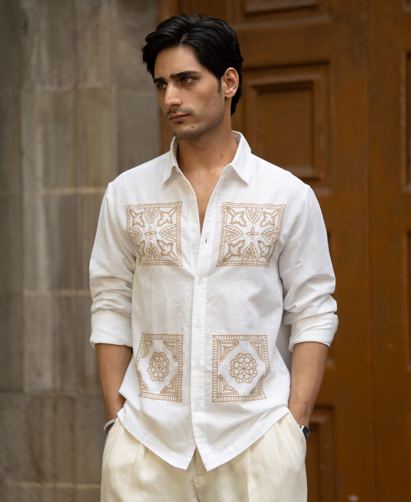 White Linen Blend Embroidery Shirt