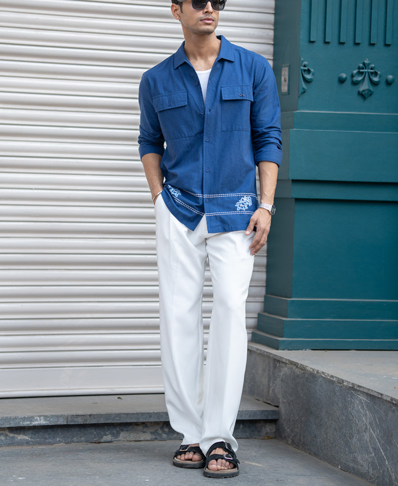 Navy Embroidered Linen Shirt.