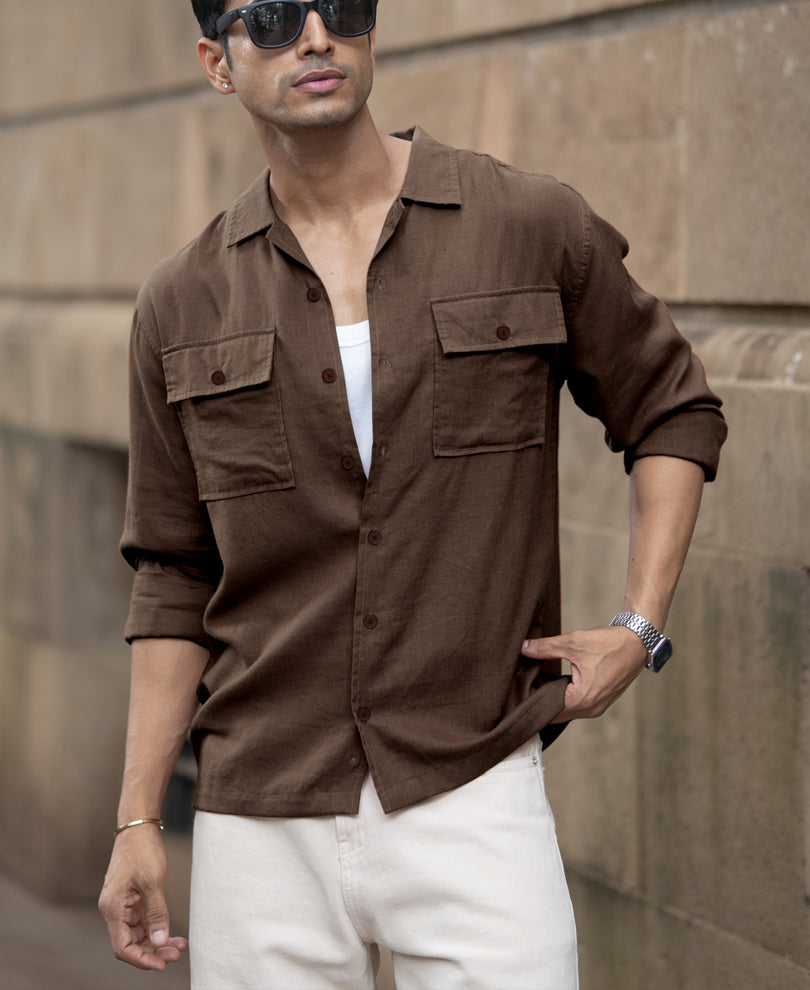 Brown Linen Double Pocket Shirt.