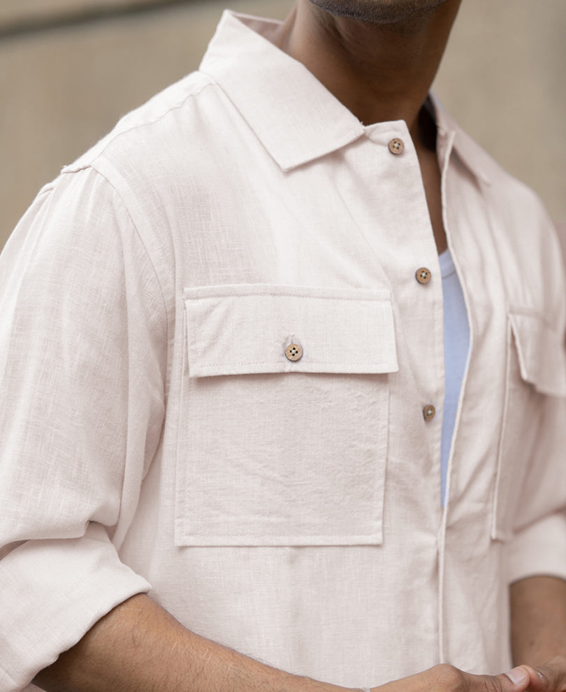 Cream Linen Double Pocket Shirt.