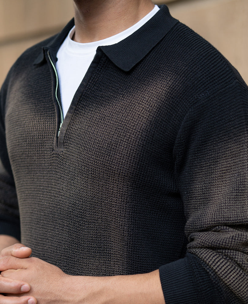Black Sprayed Zipper Neck T-Shirt.
