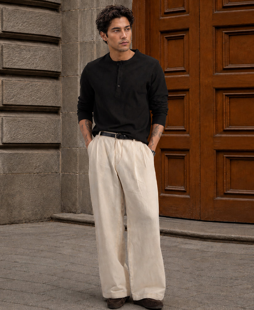 Black Henley Neck Knit T-Shirt