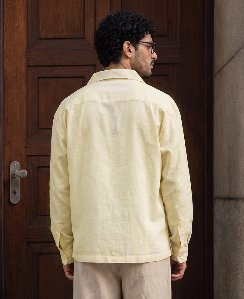 Cream Palm Embroidery Collar Shirt 100% Cotton