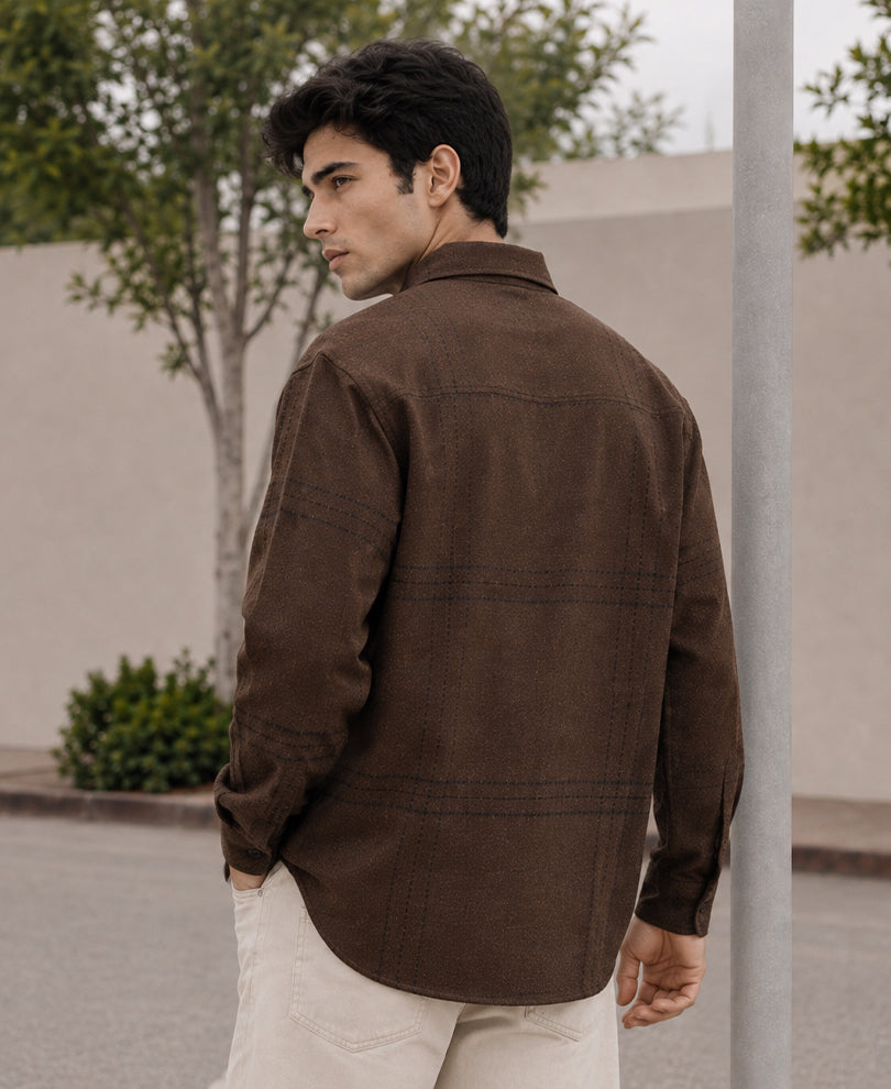 Brown Embroidered Checks Overshirt