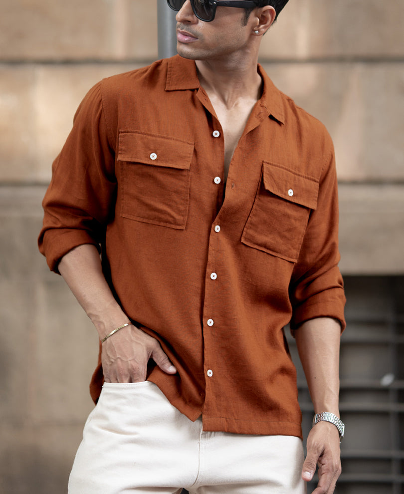 Tan Linen Double Pocket Shirt.