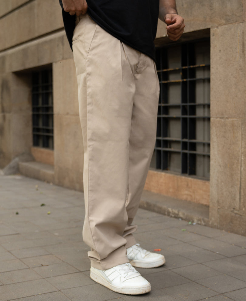 Beige Pleated Baggy Trousers