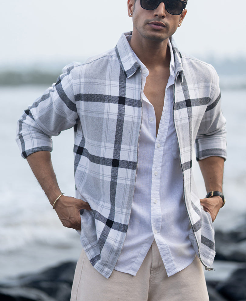 Grey Checks Zipper Shirt.