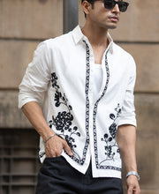 White Cotton Slub Embroidered Shirt.