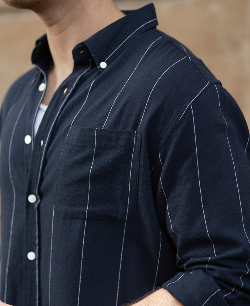 Navy Lightweight Linen Striped Shirt.