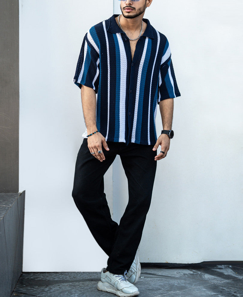 Multicolor Crochet Knit Striped Oversize Drop Shoulder Shirt.