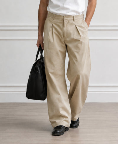 Beige Pleated Baggy Trousers