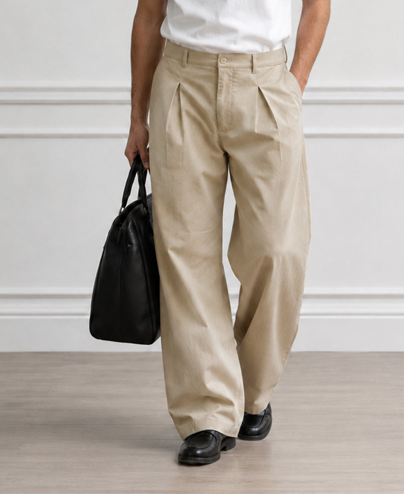 Beige Pleated Baggy Trousers