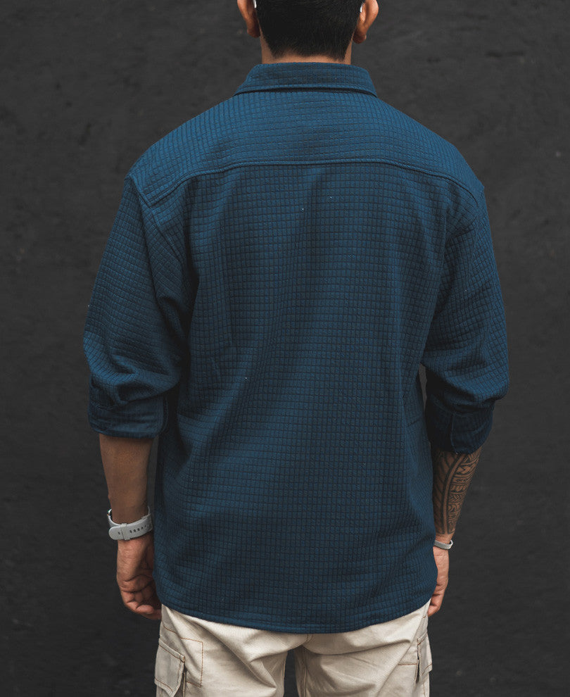 Teal Blue Structured Knit Shacket Oversized Shirt.