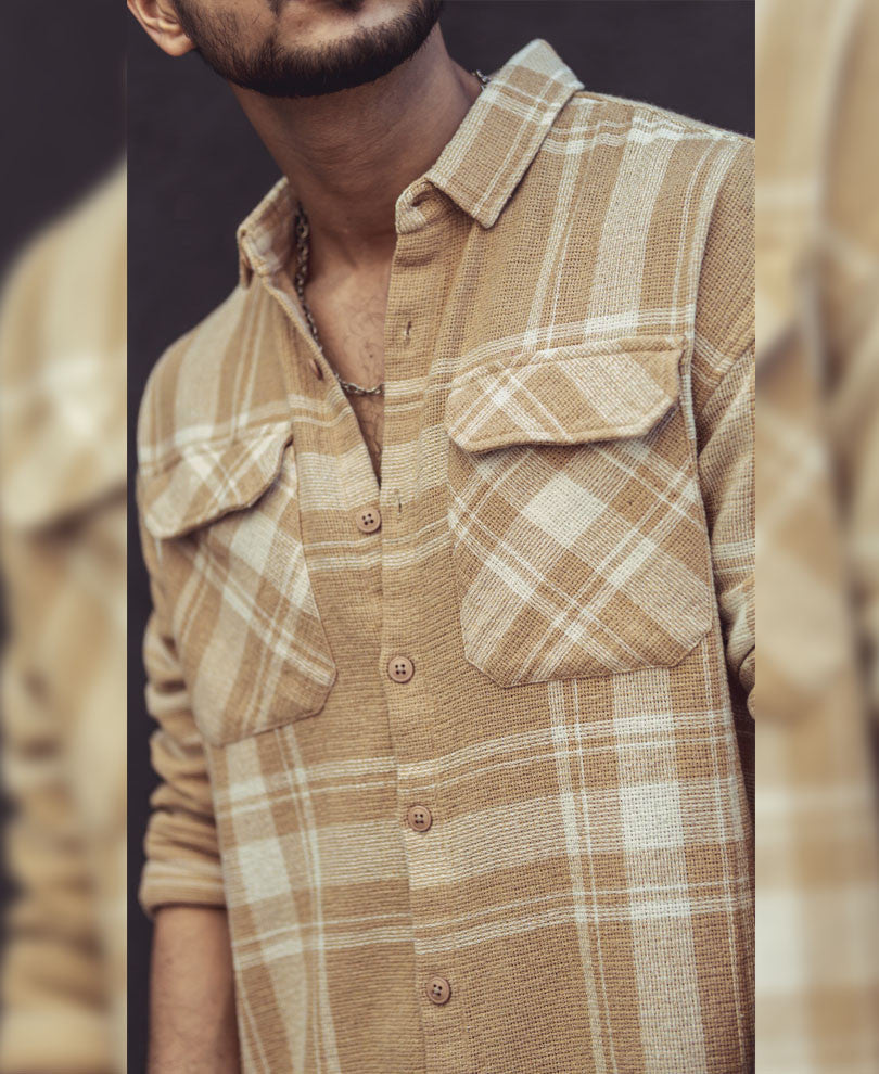 Beige and White Checks Oversize Drop Shoulder Shirt.