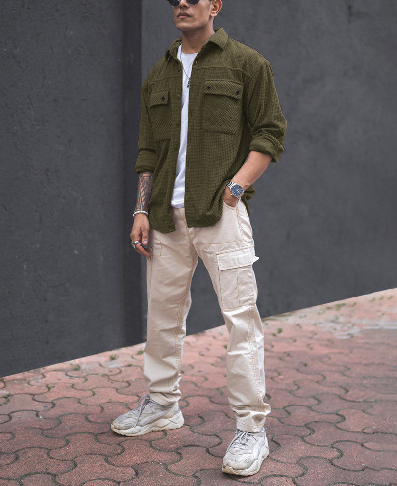 Olive Green Structured Knit Oversized Shirt.