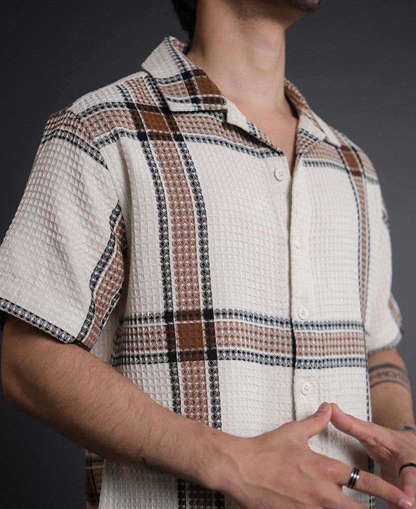Off White and Brown Structured Checks Half Sleeves Shirt.