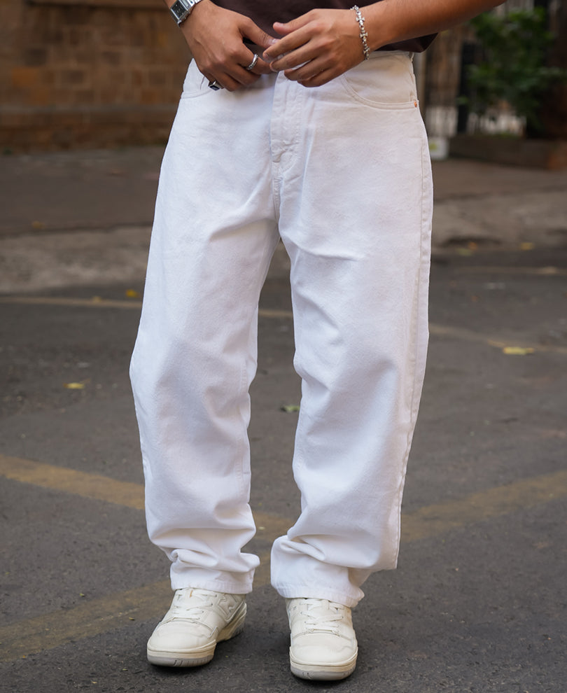 White Denim Solid Baggy Fit Jeans.