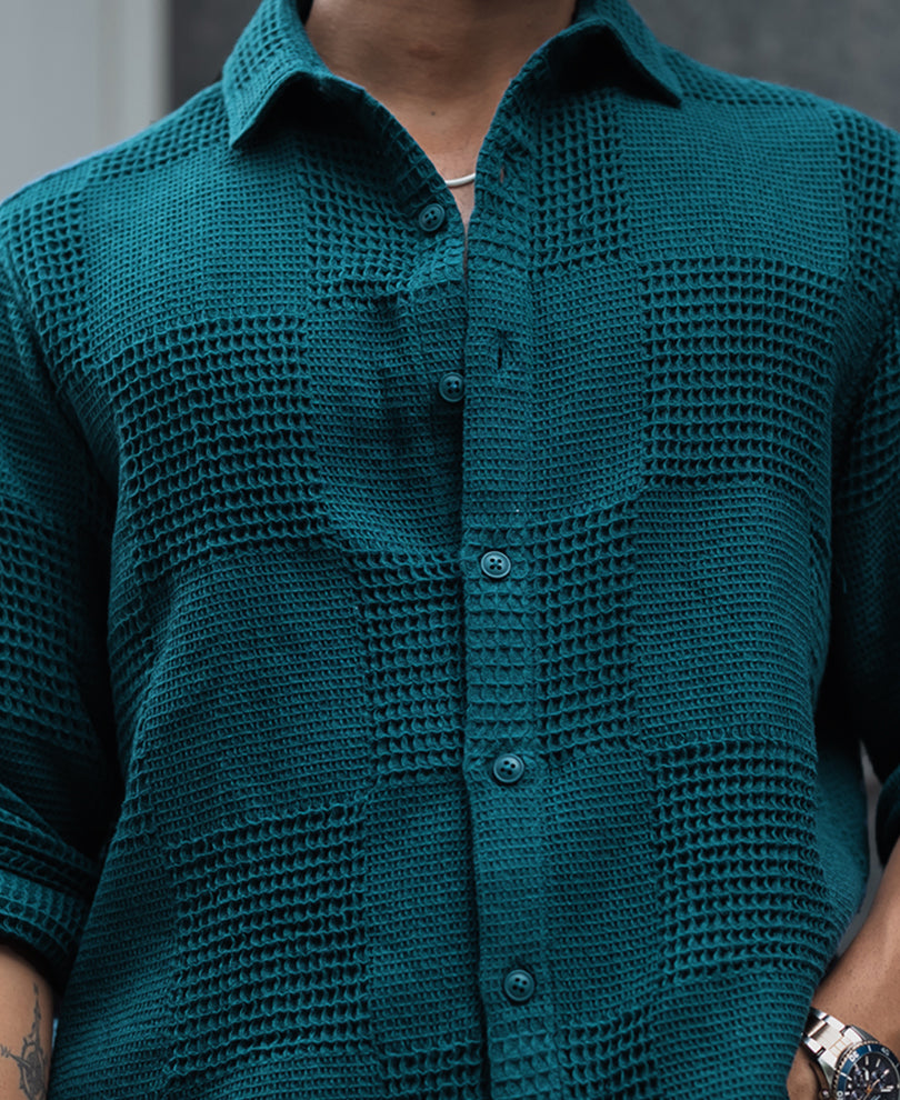 Teal Blue Waffle Structure Regular Fit Full Sleeves Shirt.