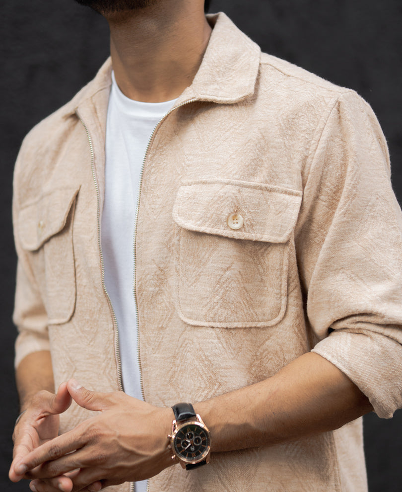 Dark Fawn Regular Fit Full Sleeves Shirt With Zip.