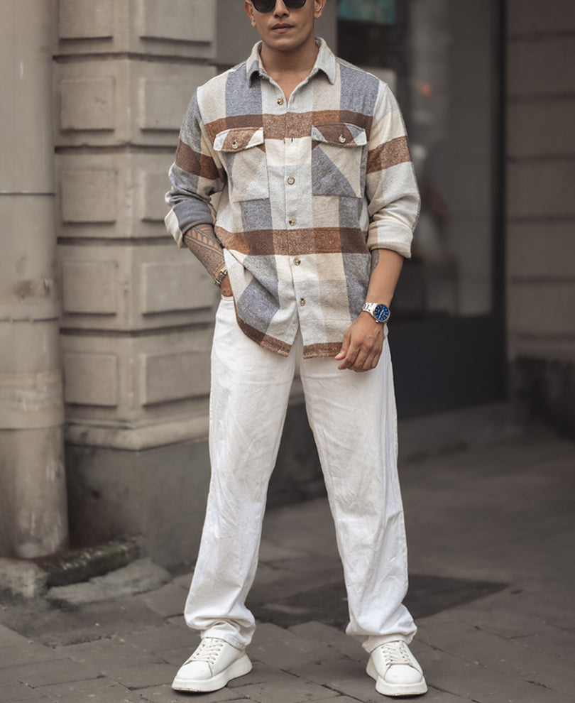Beige Regular Fit Full Sleeve Shirt With Double Flap Pocket.