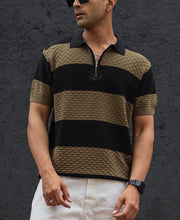 Olive Green and Black Structured Striped Regular Half Sleeves T Shirt.