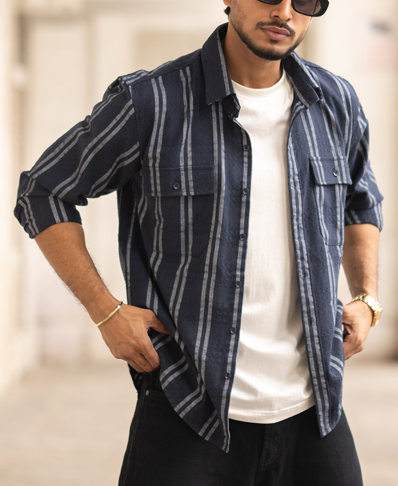 Navy Blue Striped Regular Fit Full Sleeves Shirt.